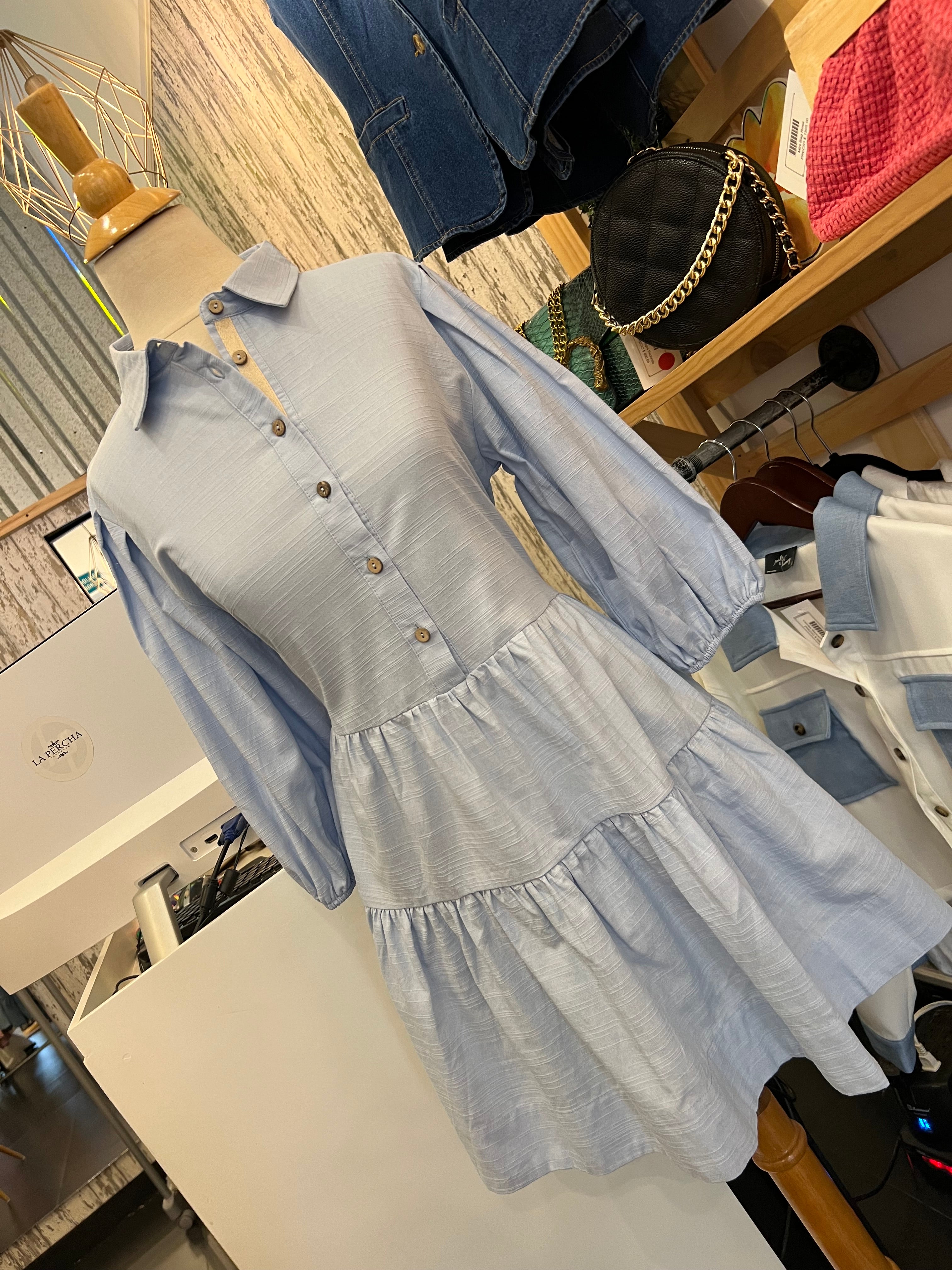 Vestido Azul Recto Botones