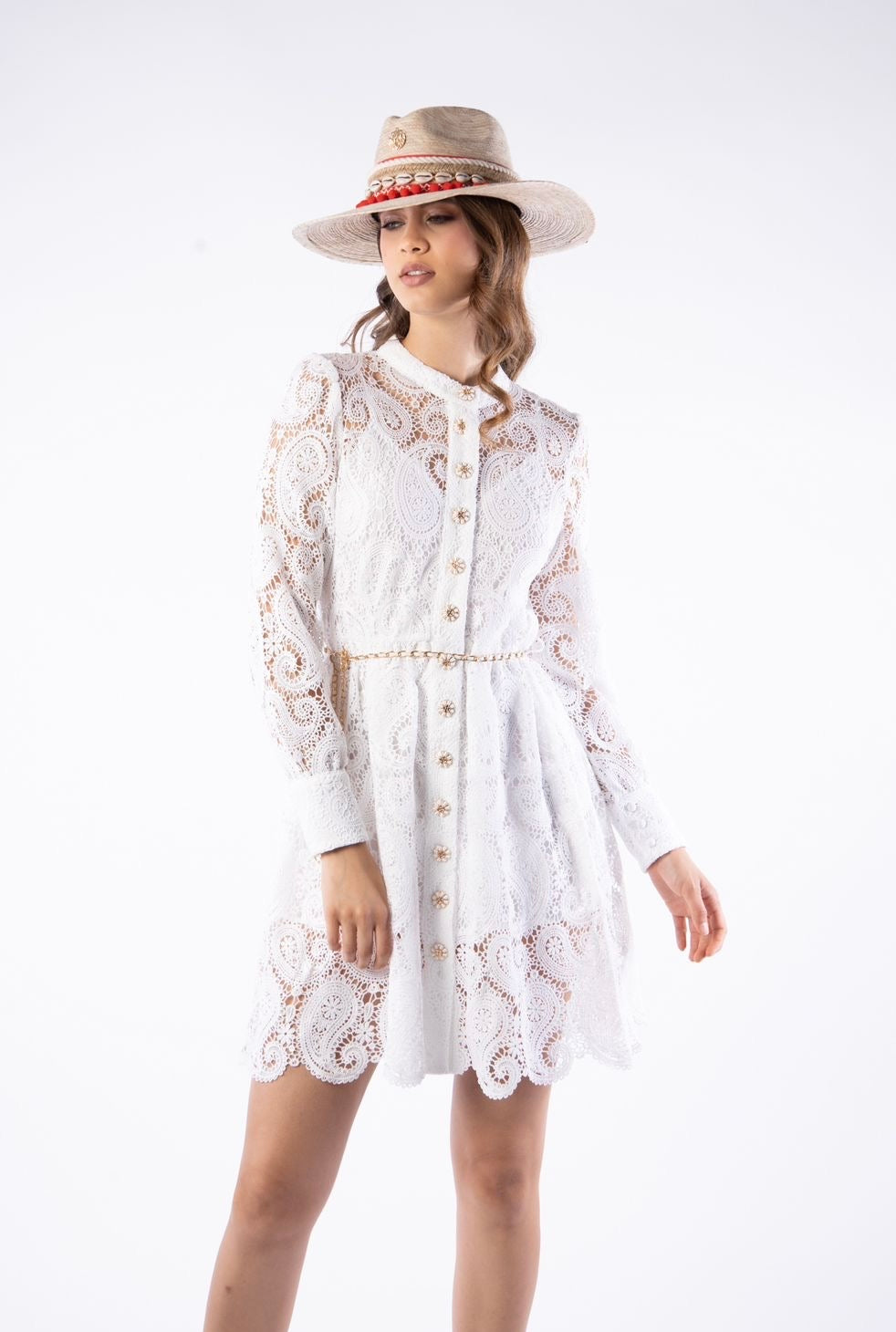 Vestido Encaje Cinto Cadena